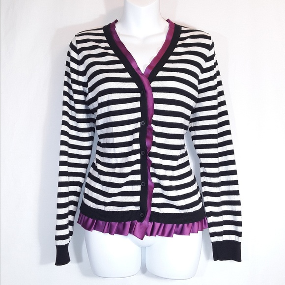 Elle Sweaters - Elle XL Purple Black & White Stripe Cardigan Elle Sweaters - Elle XL Purple Black & White Stripe Cardigan